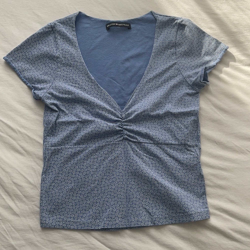 BRANDY MELVILLE Blue Floral Rushed Cropped T-Shirt